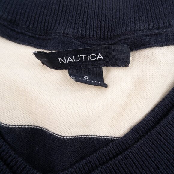 NAUTICA navy off-white nautical stripe lightweight v-neck sweater size S - Picture 2 of 11